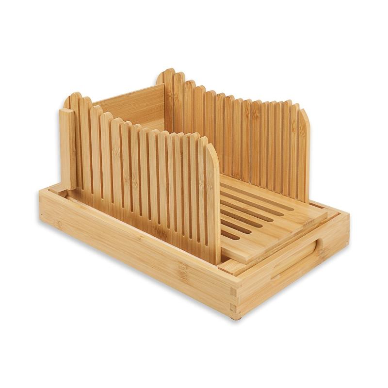 Bamboo Bread Slicer With Crumbs Tray Foldable Wooden Bread Slicer