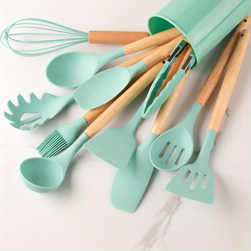12pcs Silicone Utensil Set w/ Plastic Holder, School Supplies for Dorm