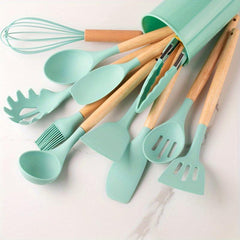 12pcs Silicone Utensil Set w/ Plastic Holder, School Supplies for Dorm