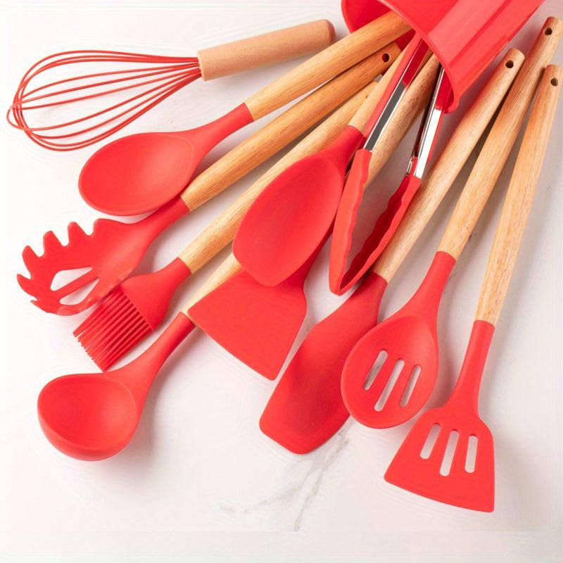 12pcs Silicone Utensil Set w/ Plastic Holder, School Supplies for Dorm