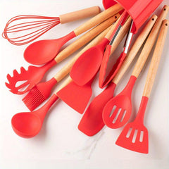 12pcs Silicone Utensil Set w/ Plastic Holder, School Supplies for Dorm
