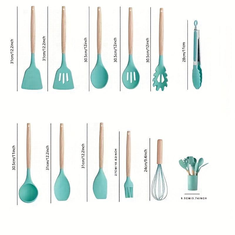 12pcs Silicone Utensil Set w/ Plastic Holder, School Supplies for Dorm