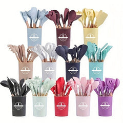12pcs Silicone Utensil Set w/ Plastic Holder, School Supplies for Dorm