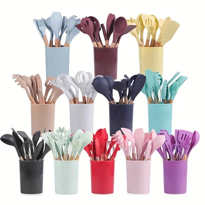 12pcs Silicone Utensil Set w/ Plastic Holder, School Supplies for Dorm