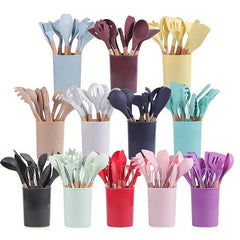 12pcs Silicone Utensil Set w/ Plastic Holder, School Supplies for Dorm