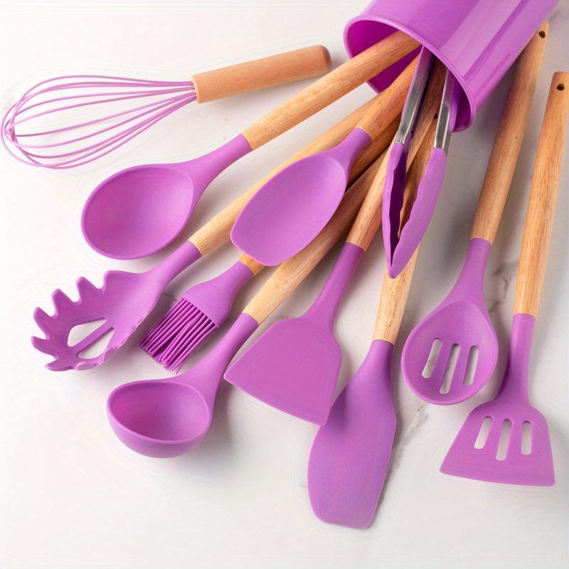 12pcs Silicone Utensil Set w/ Plastic Holder, School Supplies for Dorm