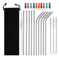26pcs Reusable Stainless Steel Metal Straws Set with Silicone Tips & Travel Case