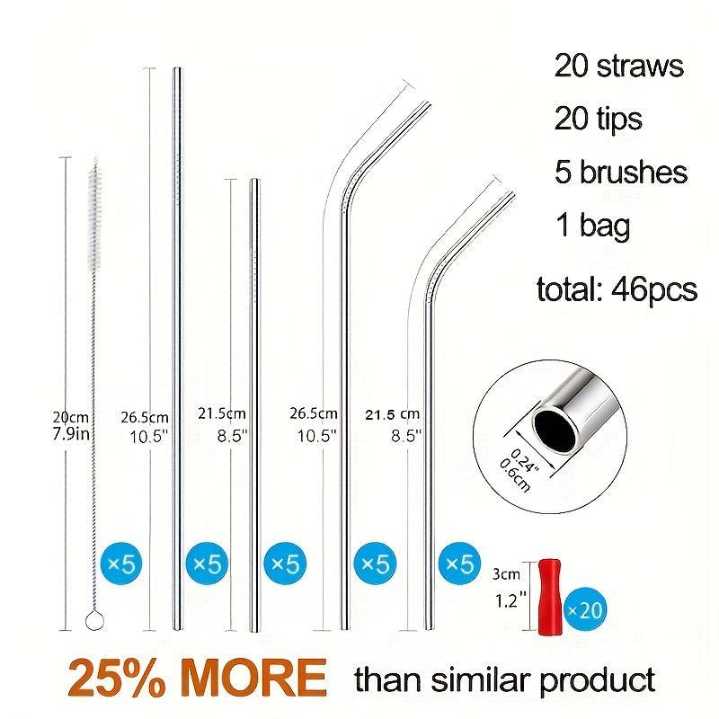 26pcs Reusable Stainless Steel Metal Straws Set with Silicone Tips & Travel Case