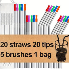 26pcs Reusable Stainless Steel Metal Straws Set with Silicone Tips & Travel Case