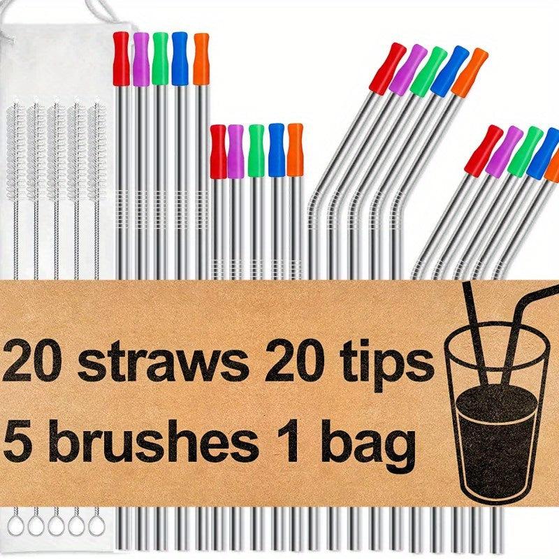 26pcs Reusable Stainless Steel Metal Straws Set with Silicone Tips & Travel Case