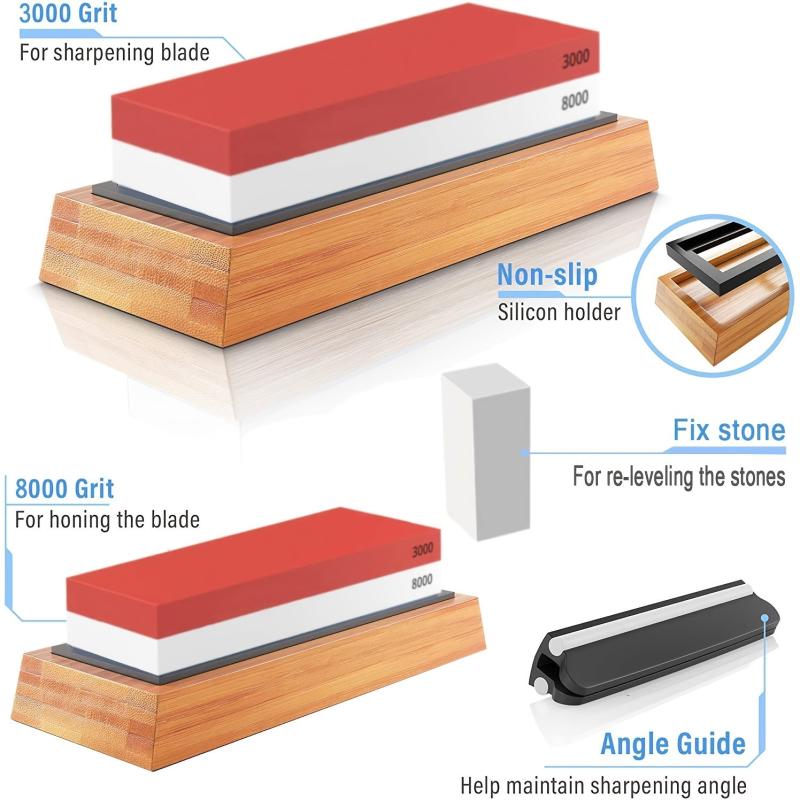 2 Sided Sharpening Stone Kit with Bamboo Base