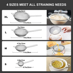 4pc Stainless Steel Mesh Strainers Set Sift Strain Sieve Kitchen Cookware