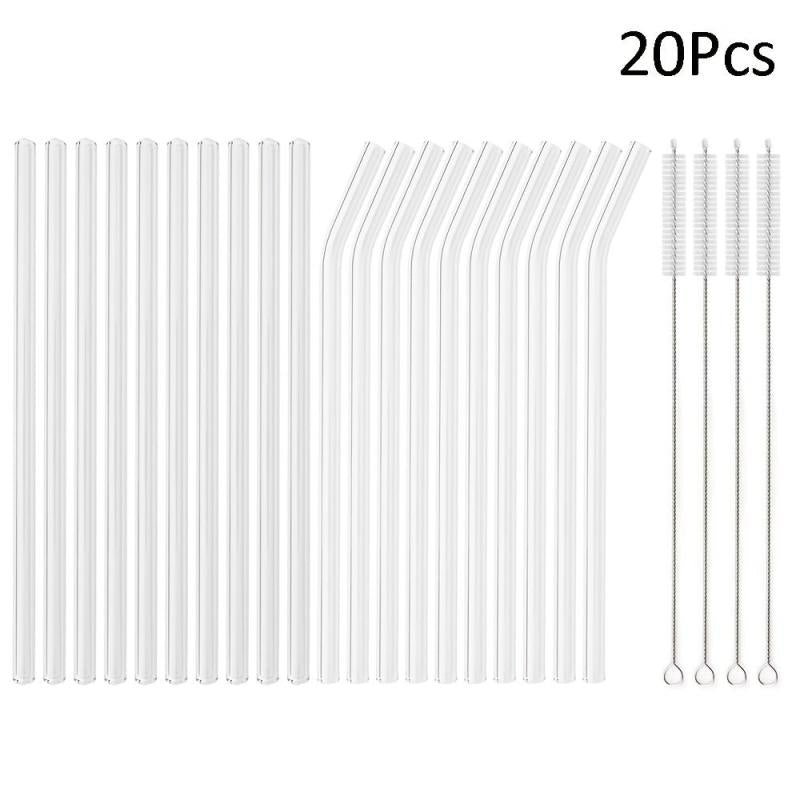 20pcs Transparent Heart Glass Straw High Borosilicate Straw with Cleaning Brush