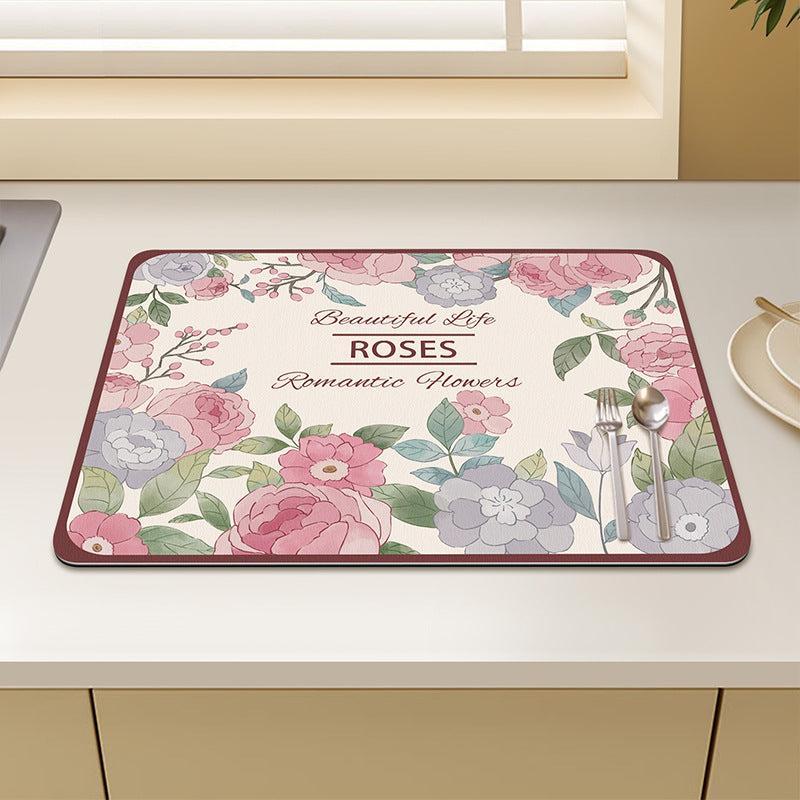 Flower Pattern Dish Drying Mat Non Slip Absorbent Coffee Machine Mat