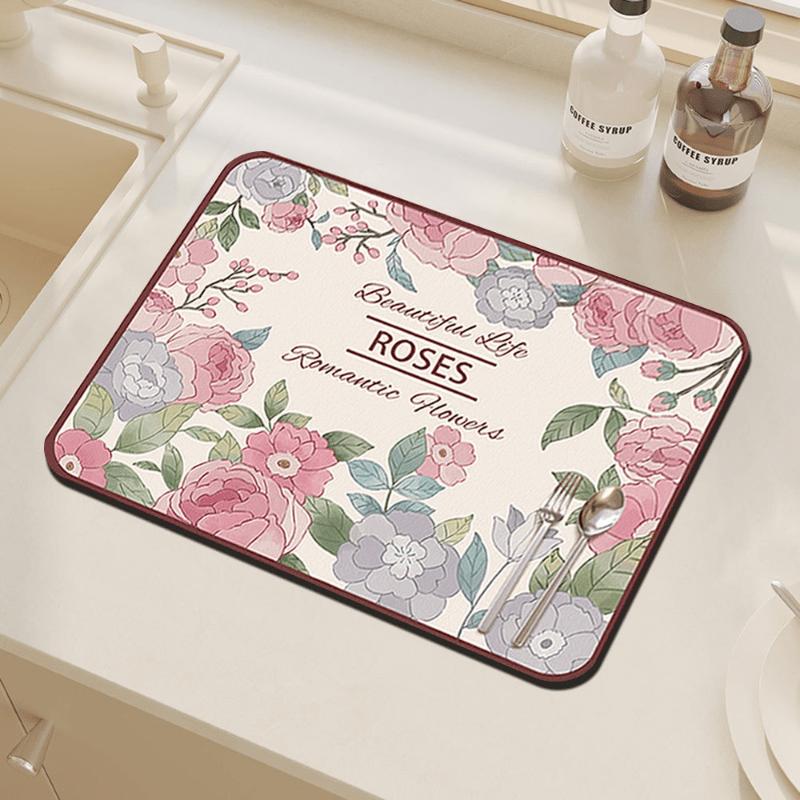 Flower Pattern Dish Drying Mat Non Slip Absorbent Coffee Machine Mat