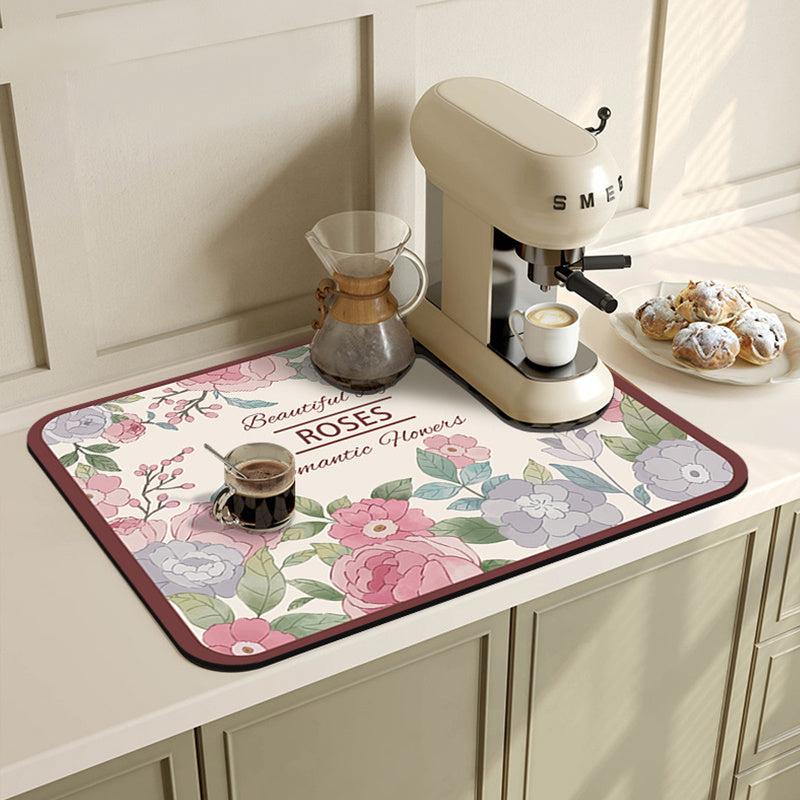 Flower Pattern Dish Drying Mat Non Slip Absorbent Coffee Machine Mat