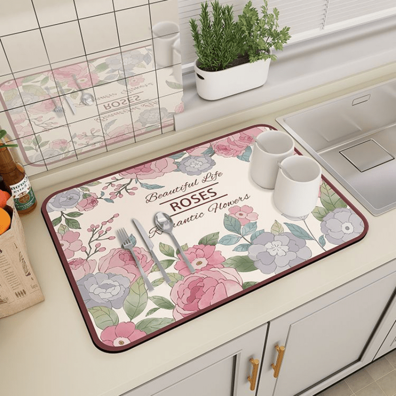 Flower Pattern Dish Drying Mat Non Slip Absorbent Coffee Machine Mat
