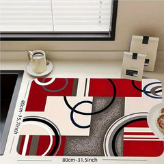 Red Rubber Dish Drying Mat Modern Geometric Absorbent Kitchen Drain Pad