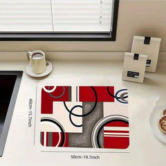 Red Rubber Dish Drying Mat Modern Geometric Absorbent Kitchen Drain Pad