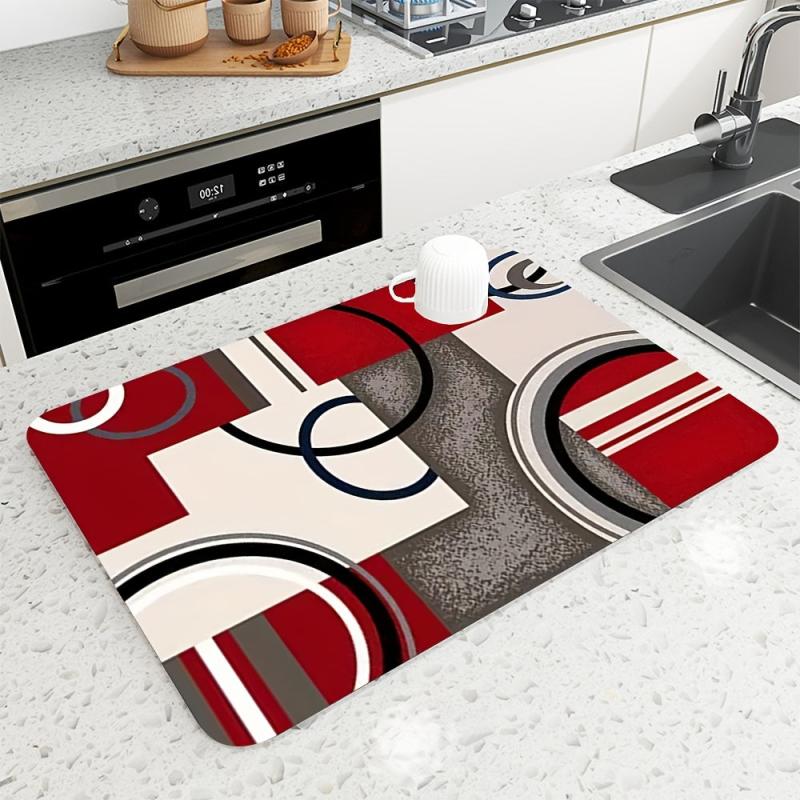 Red Rubber Dish Drying Mat Modern Geometric Absorbent Kitchen Drain Pad