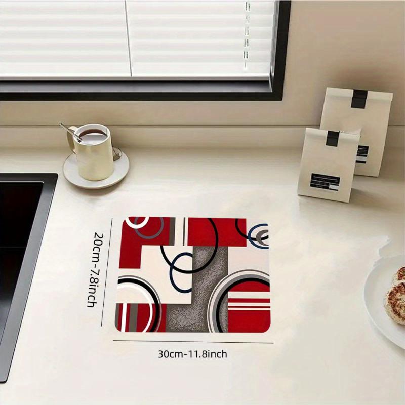 Red Rubber Dish Drying Mat Modern Geometric Absorbent Kitchen Drain Pad