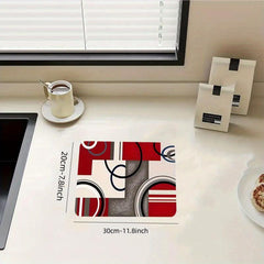Red Rubber Dish Drying Mat Modern Geometric Absorbent Kitchen Drain Pad