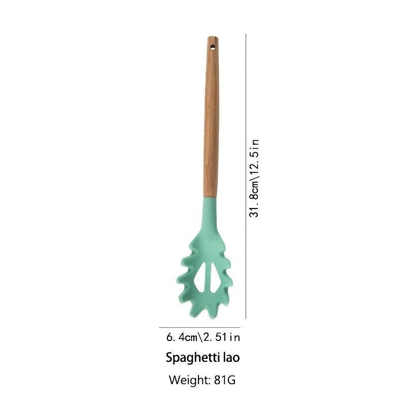 Wooden Handle Silicone Spaghetti Leak Spoon Kitchen Supplies