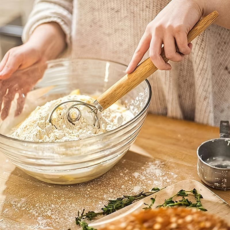 Stainless Steel Dough Whisk With Wooden Handle - Bread Making Tool