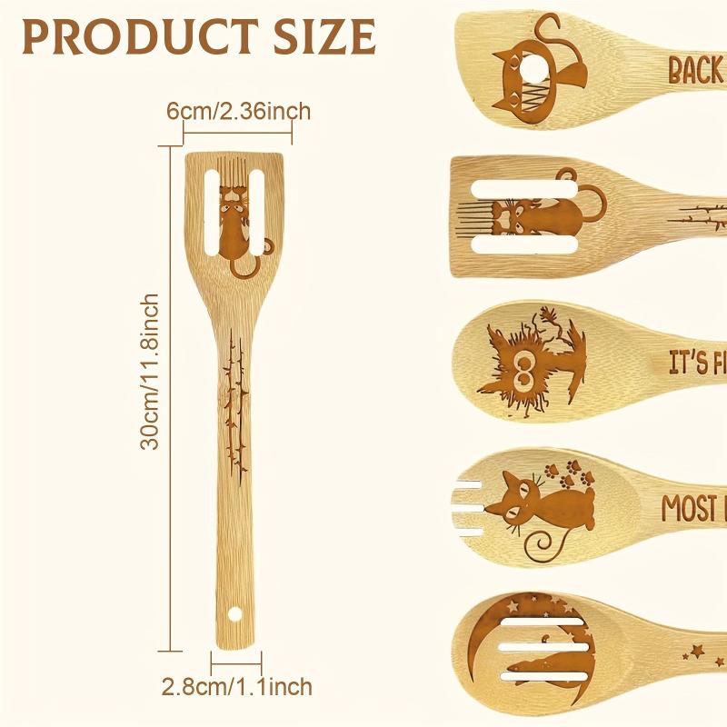 5pcs Cat Bamboo Kitchen Utensils Set Halloween Decorative Wooden Cooking Tools