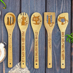 5pcs Cat Bamboo Kitchen Utensils Set Halloween Decorative Wooden Cooking Tools