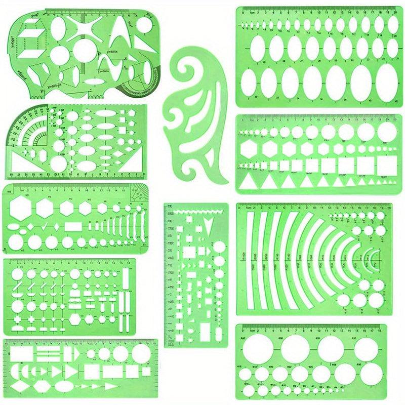 11pcs Geometric Drawings Templates Measuring Rulers Plastic Stencils with Zipper