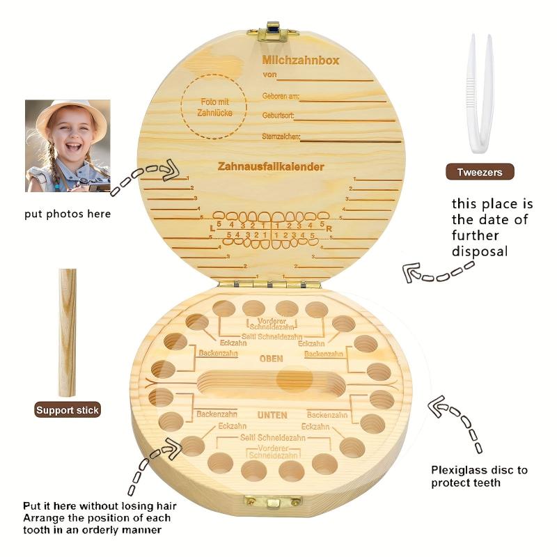Wooden Tooth Box Keepsake for Children with Tweezers