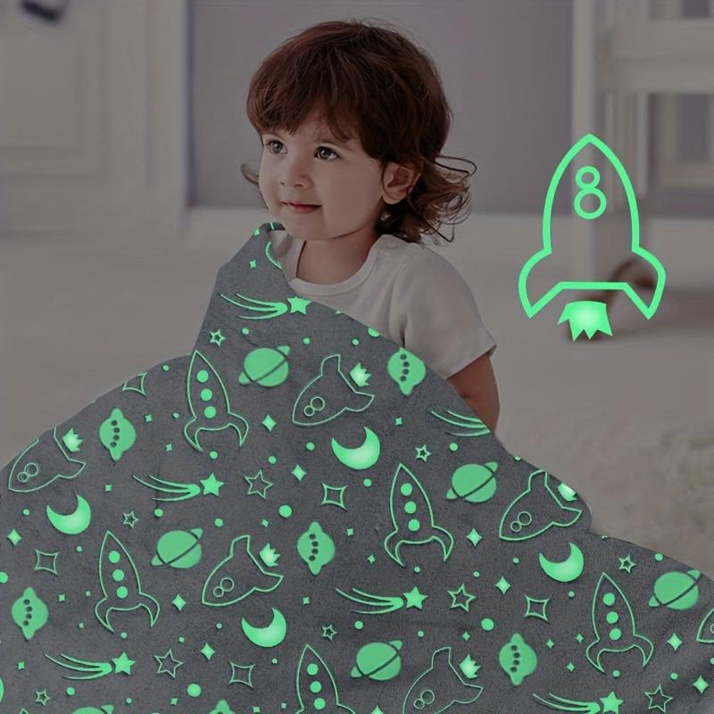 Glow in the Dark Space Rocket Blanket Soft Flannel Throw for Kids