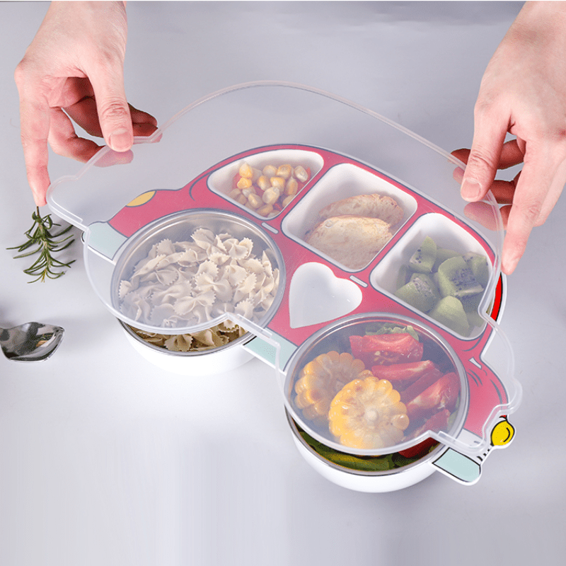4pcs Divided Grid Dinner Plate With Lid Stainless Steel Bowl Set
