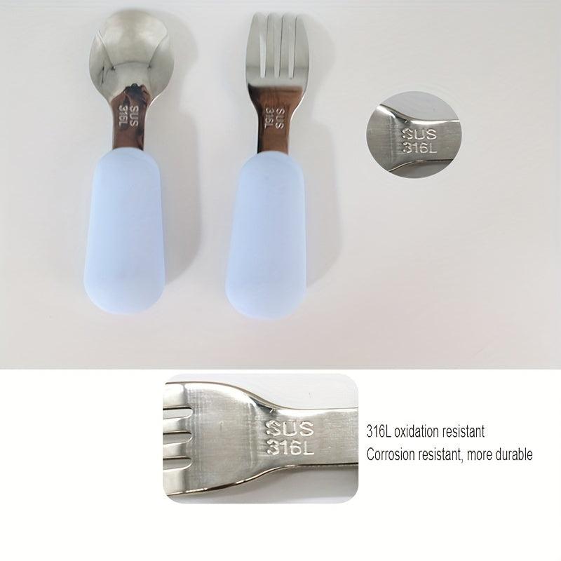 2pcs Silicone and Stainless Steel Baby Fork and Spoon Set