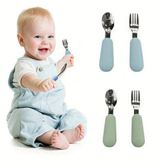 2pcs Silicone and Stainless Steel Baby Fork and Spoon Set