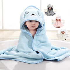 Kids Hooded Bath Towel Soft Coral Fleece Cartoon Cloak for 0-3 Years