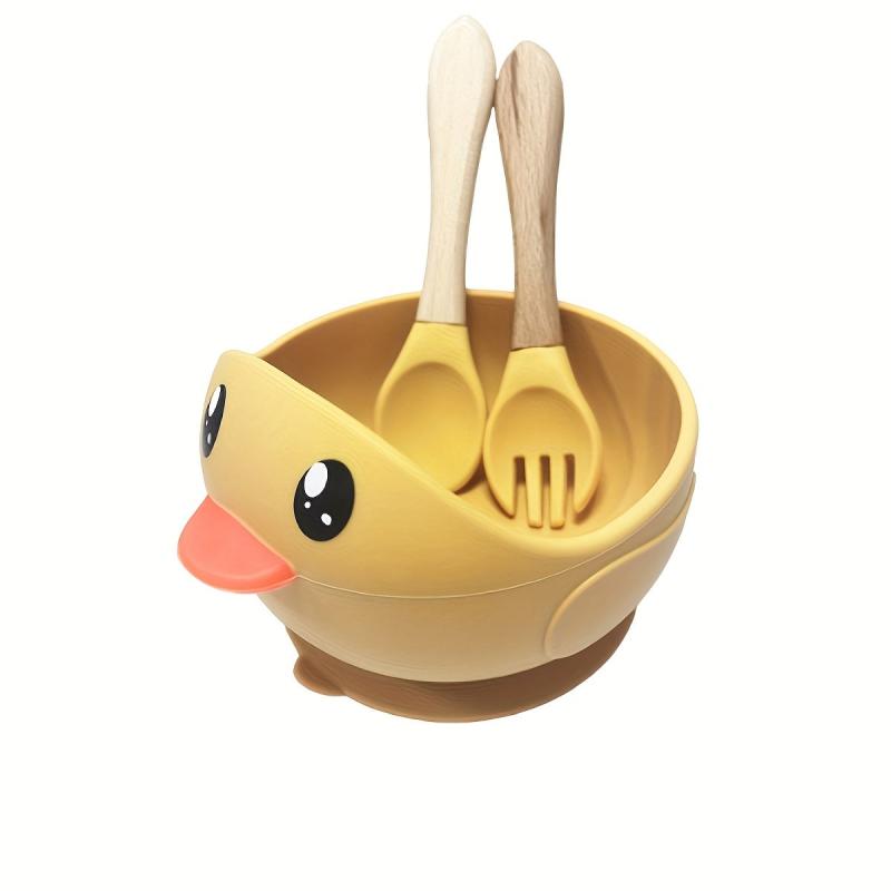 3PCS Cartoon Duck Children's Tableware Silicone Suction Bowl Baby Anti-fall