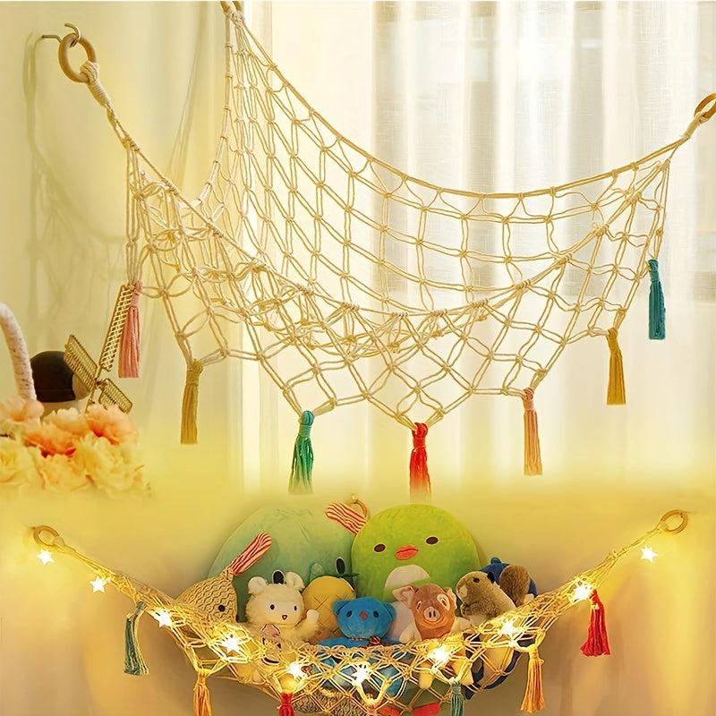 Boho Macrame Toy Hammock with Colorful Tassels