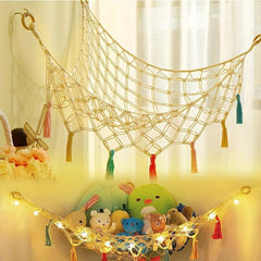 Boho Macrame Toy Hammock with Colorful Tassels