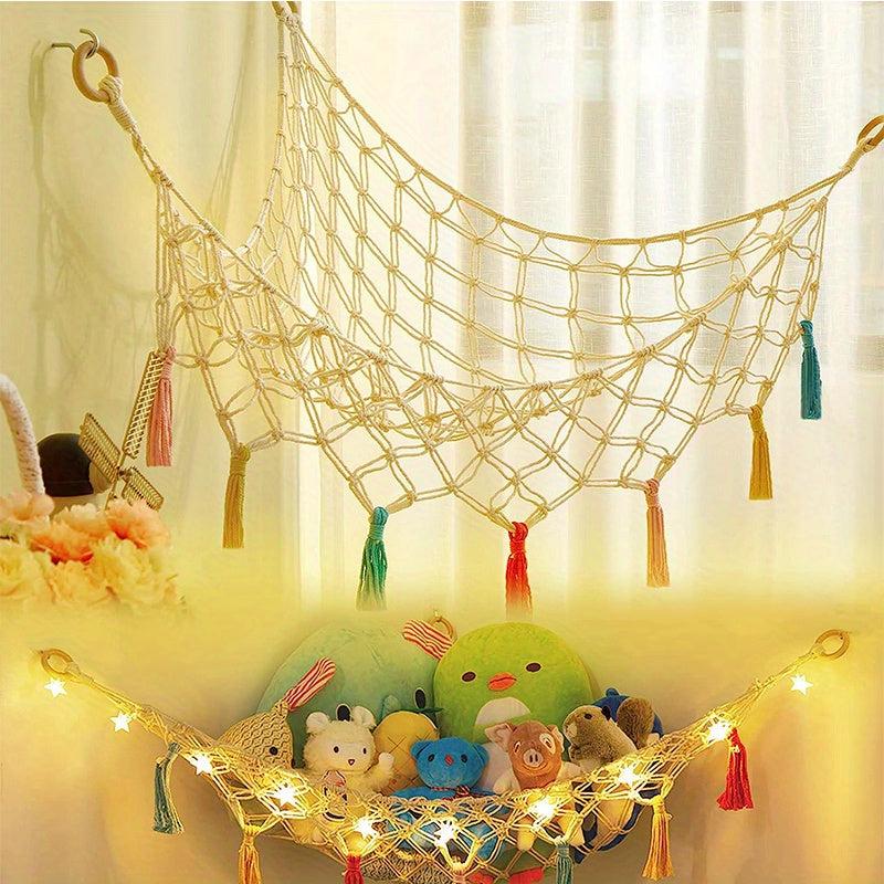 Boho Macrame Toy Hammock with Colorful Tassels