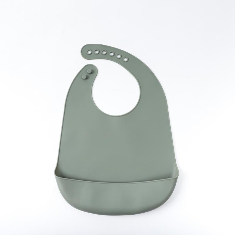 Baby Feeding Set Silicone Bib with Crumb Catcher Waterproof Buttoned Feeding Bib