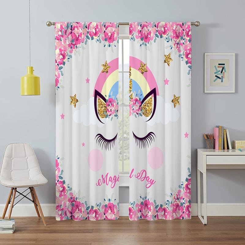 2pcs Unicorn Printed Window Curtain Rod Pocket Curtain