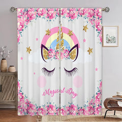 2pcs Unicorn Printed Window Curtain Rod Pocket Curtain