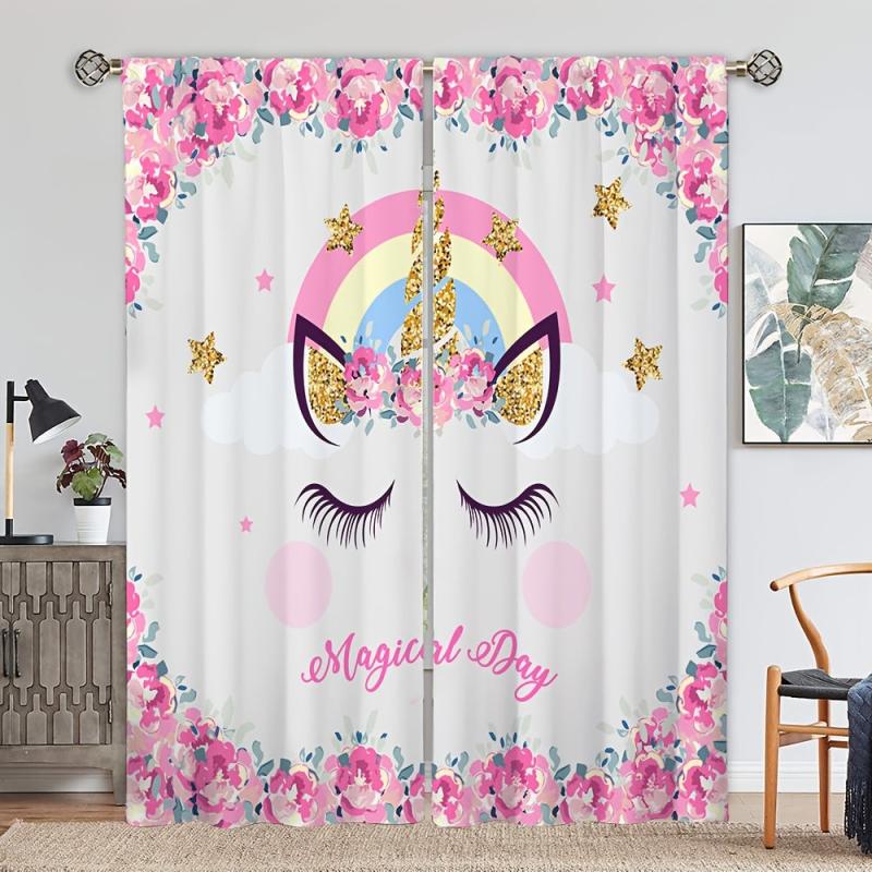 2pcs Unicorn Printed Window Curtain Rod Pocket Curtain