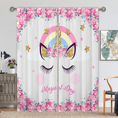 2pcs Unicorn Printed Window Curtain Rod Pocket Curtain