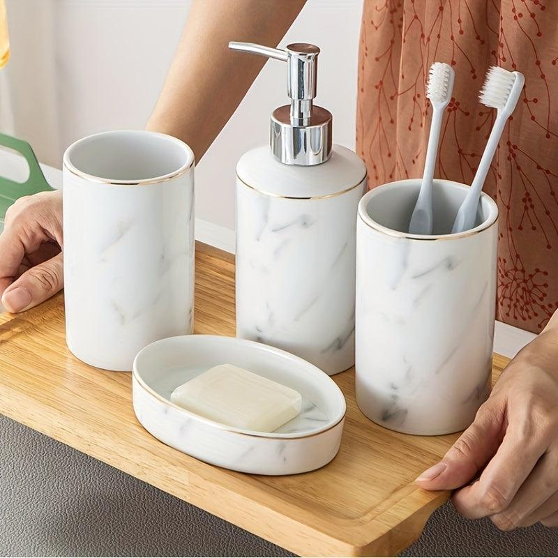 4 Piece Ceramic Bathroom Wash Up Set Soap Dispenser Soap Dish Toothbrush Holder