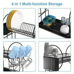 2 Tier Dish Drying Rack Large Strainer Drainboard Set Sink Utensil Cups Holder