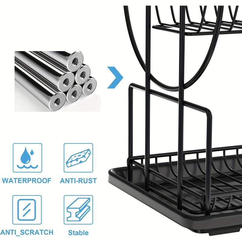2 Tier Dish Drying Rack Large Strainer Drainboard Set Sink Utensil Cups Holder