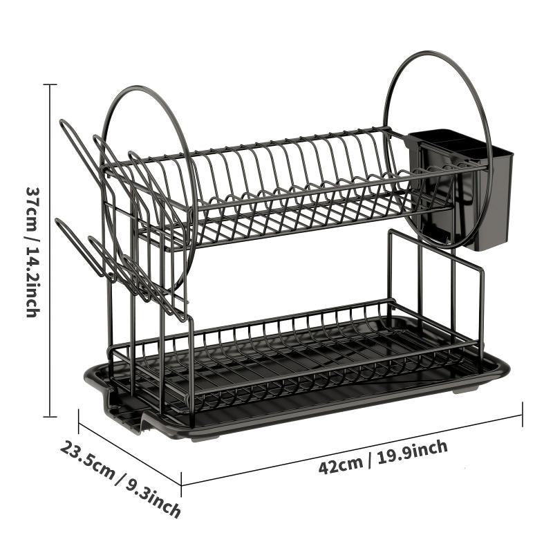 2 Tier Dish Drying Rack Large Strainer Drainboard Set Sink Utensil Cups Holder